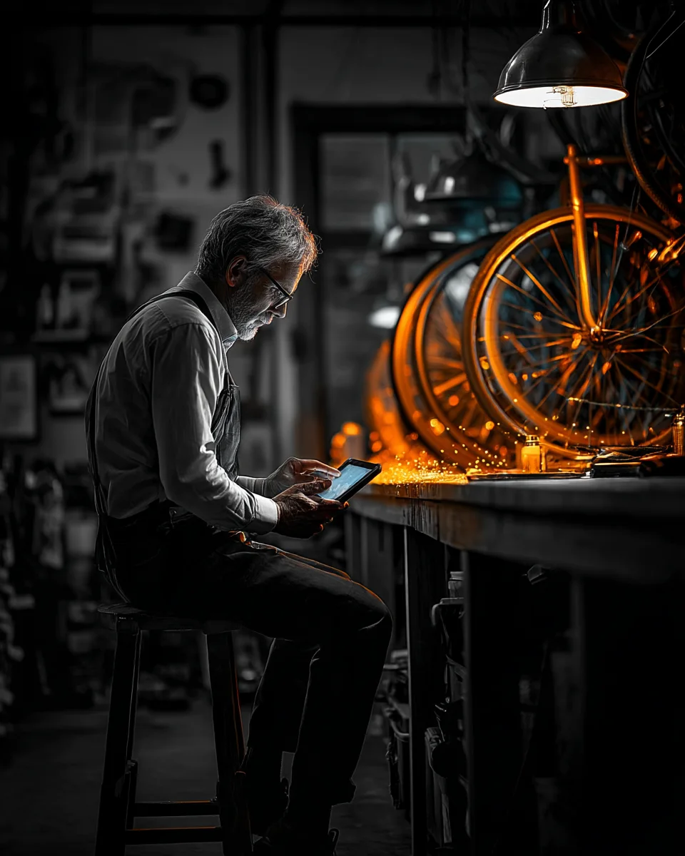 A small-business owner reads on a tablet at his shop counter after closing.