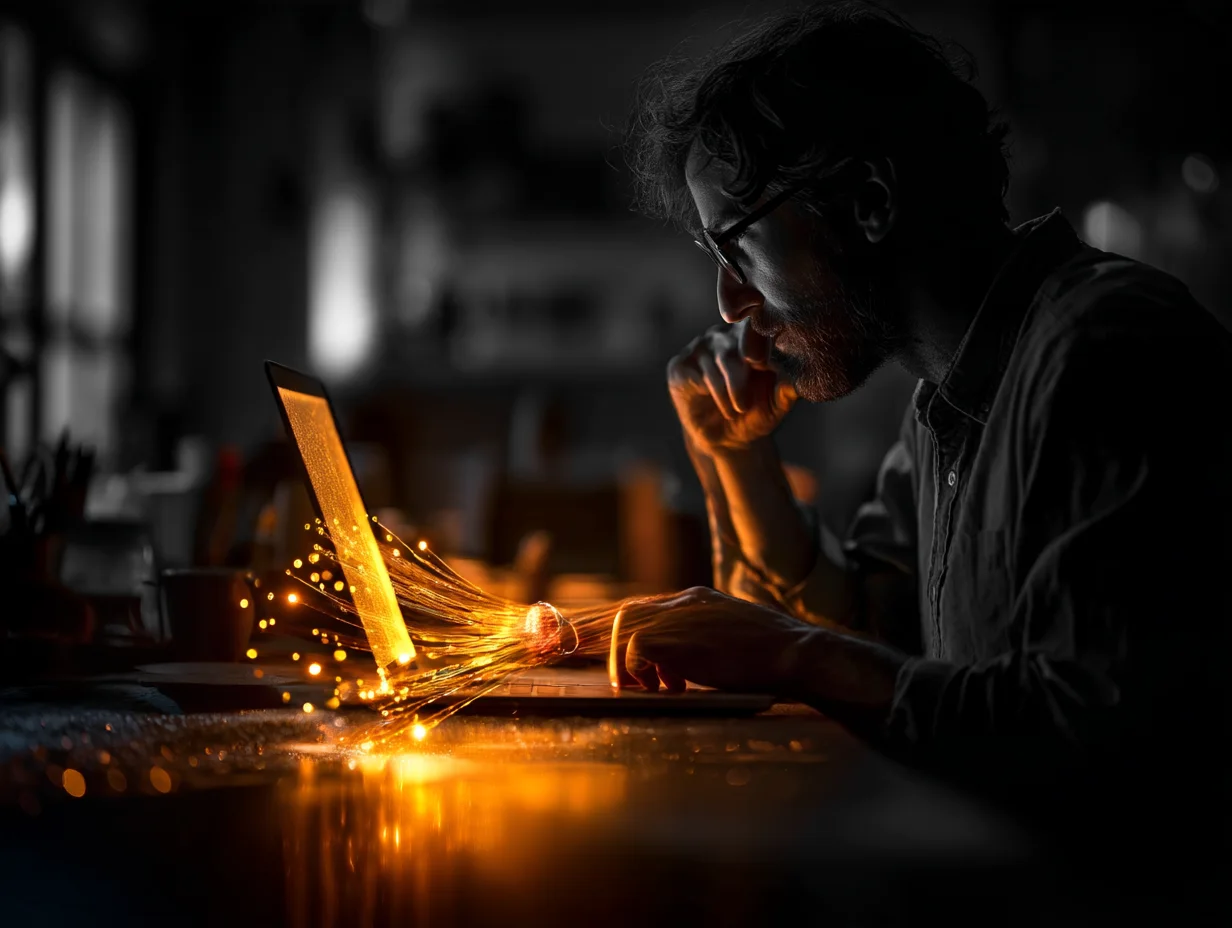 A founder leans toward his laptop, about to approve the team's work.
